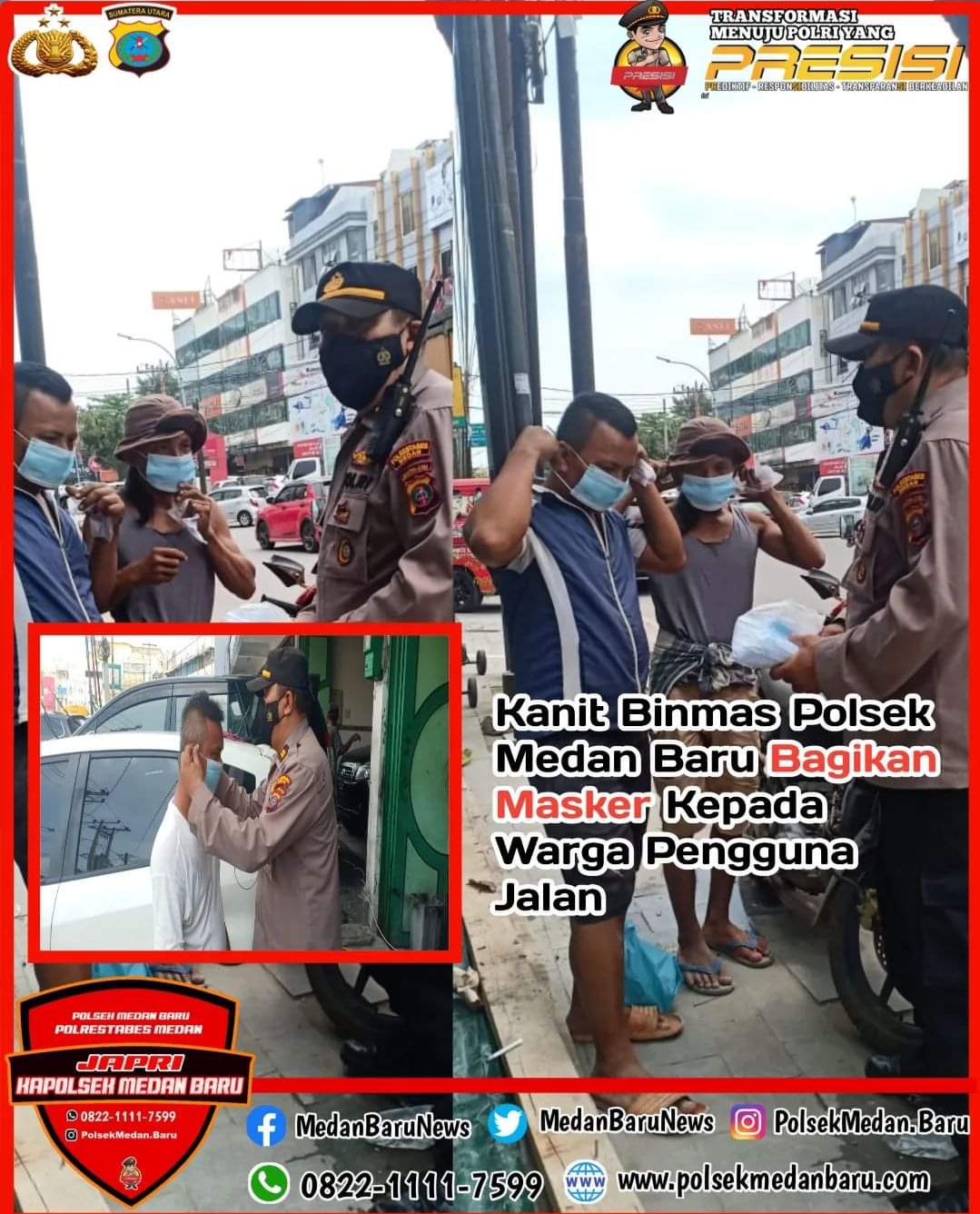 Polsek Medan Baru Bagikan Masker ke Pengguna Jalan
